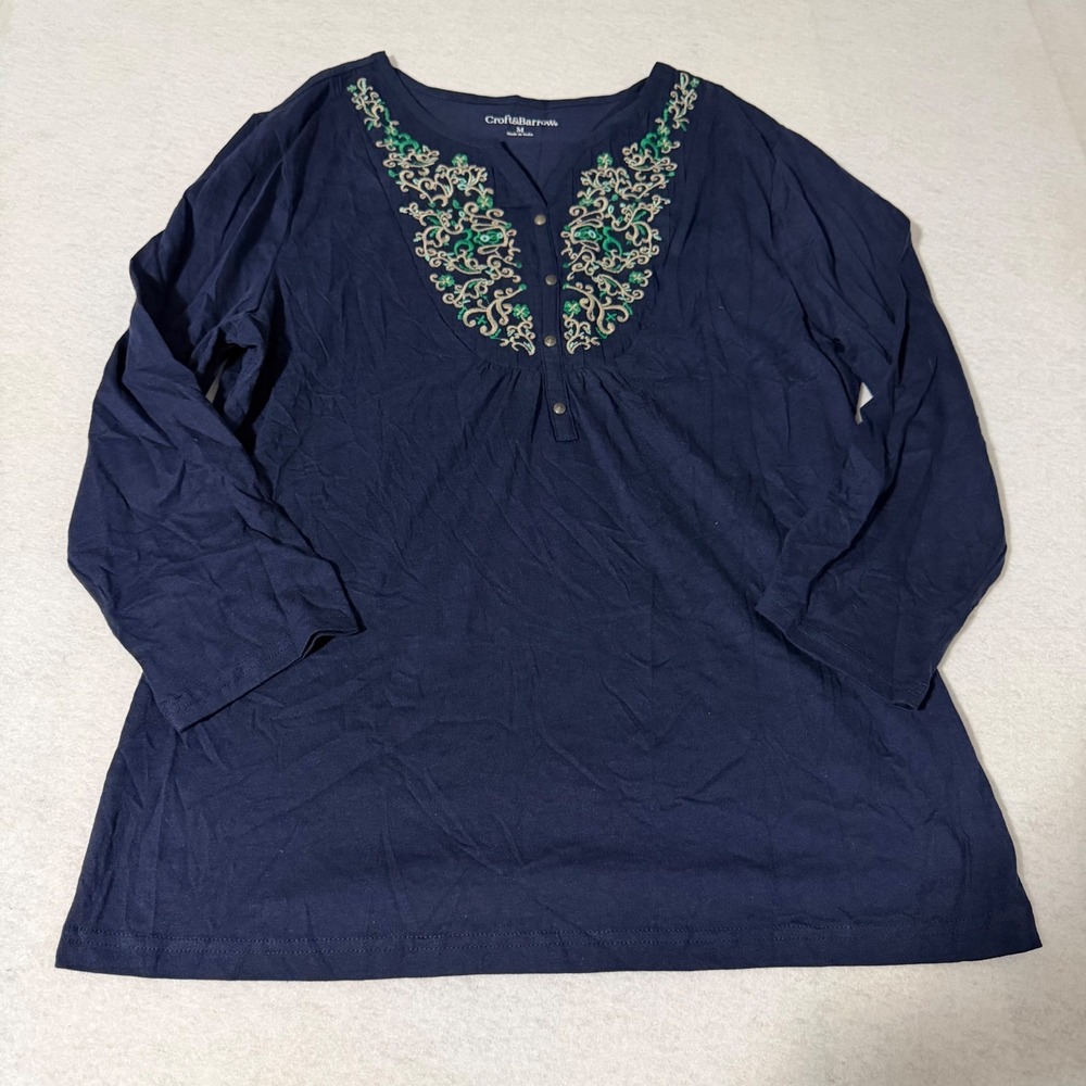 Croft & Barrow Womens Navy Blue Embroidered Split Neck 3/4 Sleeve Top Size M